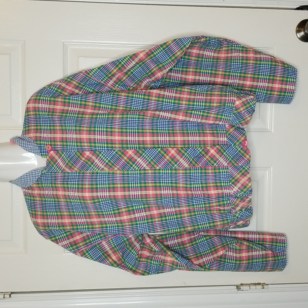 Marcia Womens Pink Yellow Green Plaid Like Vintage Longsleeve Plaid Jacket